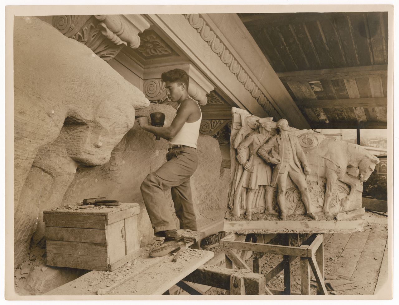 Stonemason Working On The Brisbane City Hall Tympanum By Daphne Mayo, 1930