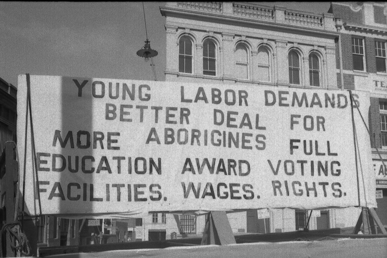 Young Labor banner on Aboriginal Australians, May Day procession, Roma ...